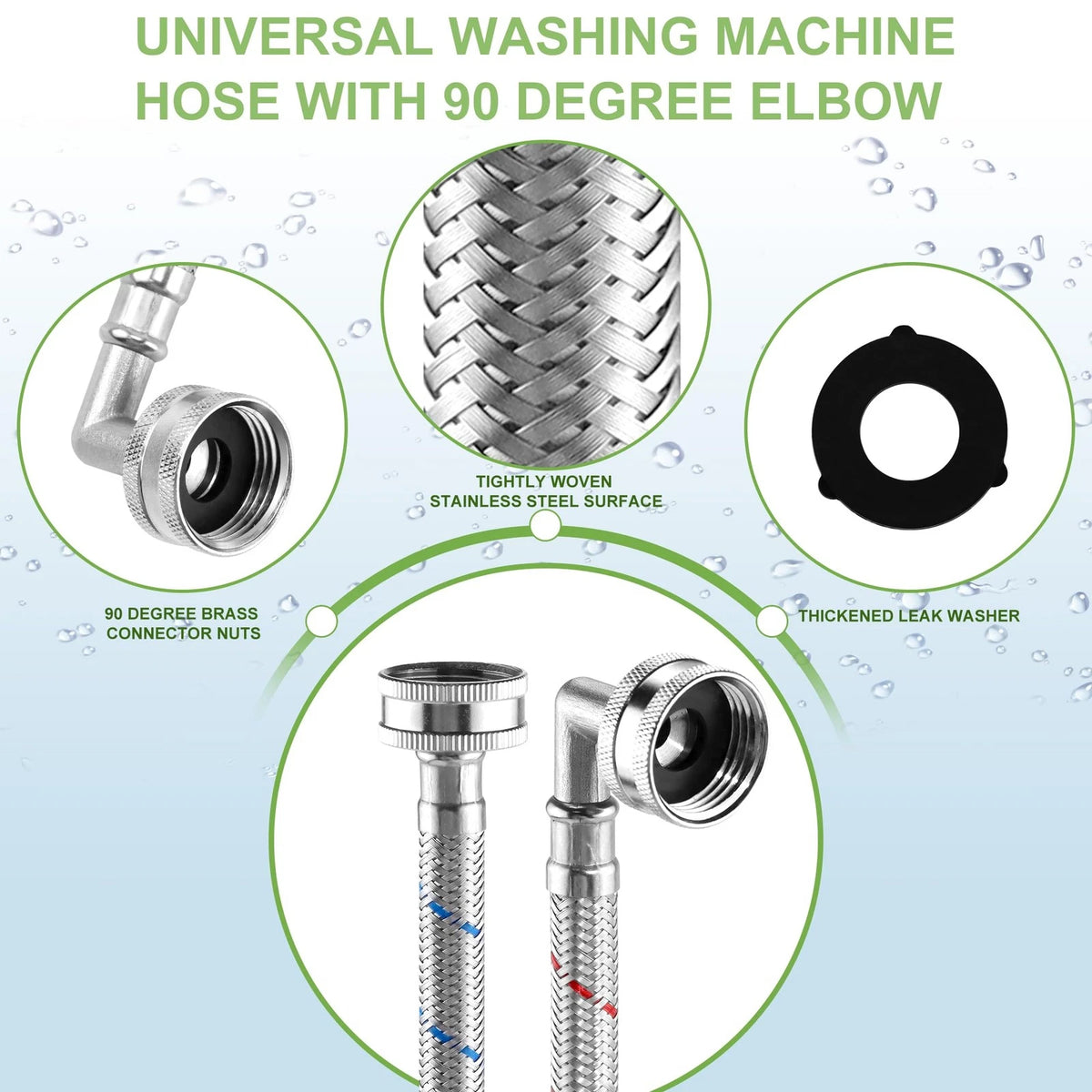 Set of 2 Stainless Steel Washing Machine Hoses with 90 Degree Elbows