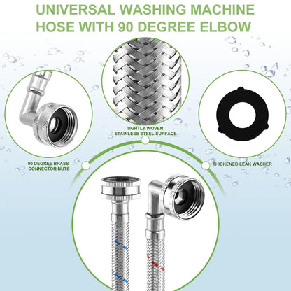 Set of 2 Stainless Steel Washing Machine Hoses with 90 Degree Elbows