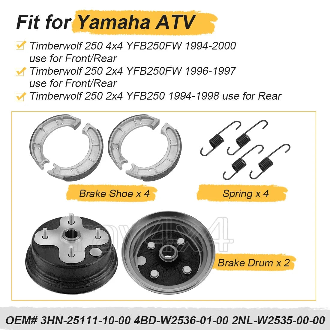 Brake Drums Kit w/Shoes Springs for Yamaha Timberwolf 250 YFB250/250FW (1994–2000)