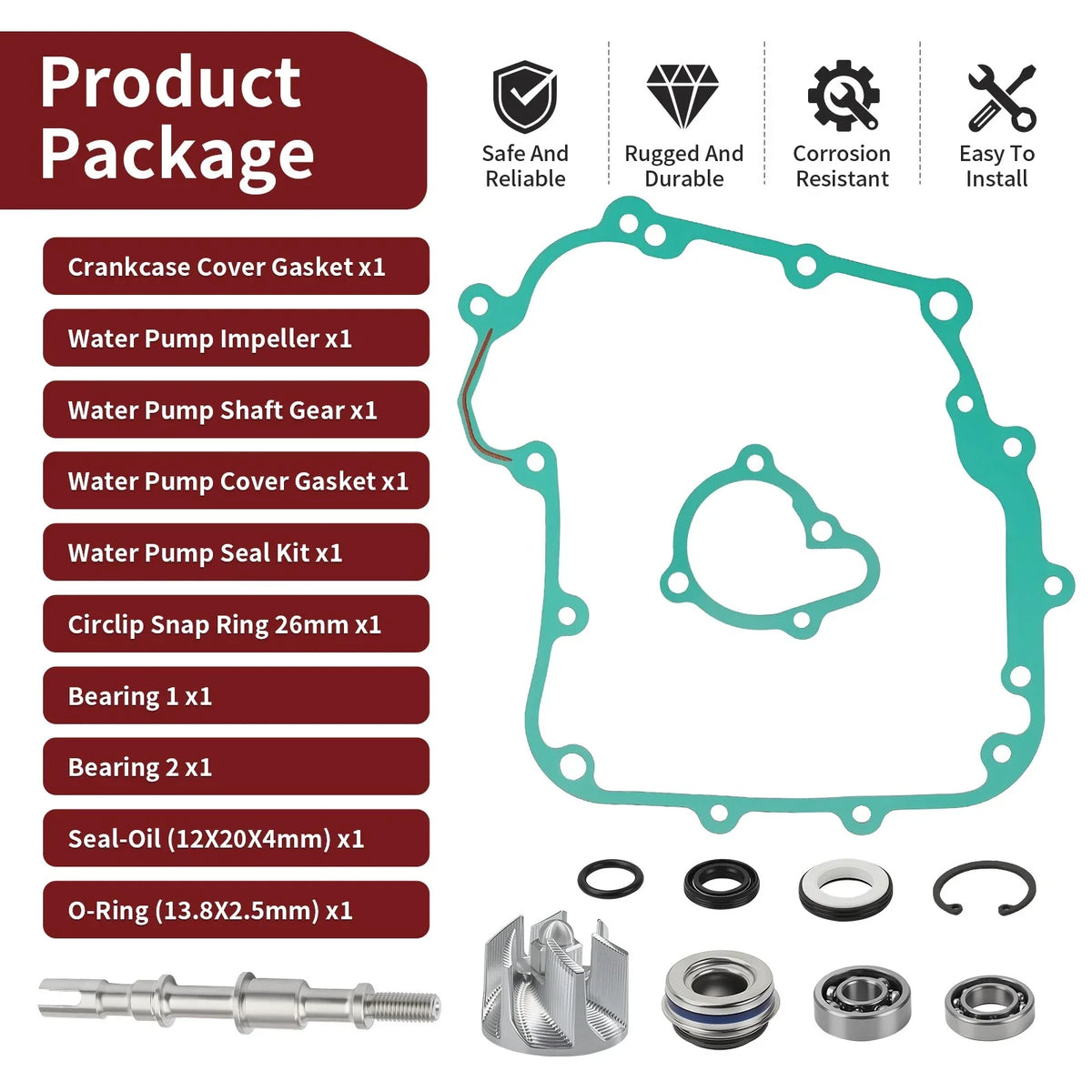Water Pump Impeller Shaft w/ Gasket Kit for Kawasaki Brute Force 300 (2012–2024)