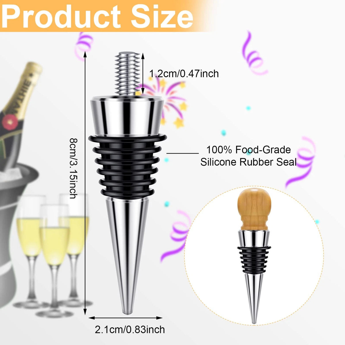 Set of 6 Metal Bottle Stoppers 16 x 3/8 Thread Size, Silver/Black