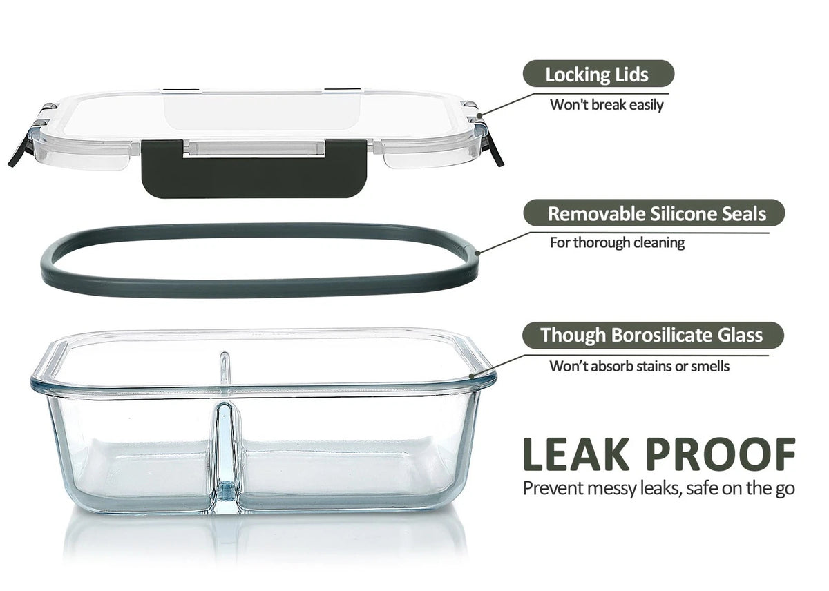 5-Pack Glass Meal Prep Containers for Meal Prep (2 Compartments)