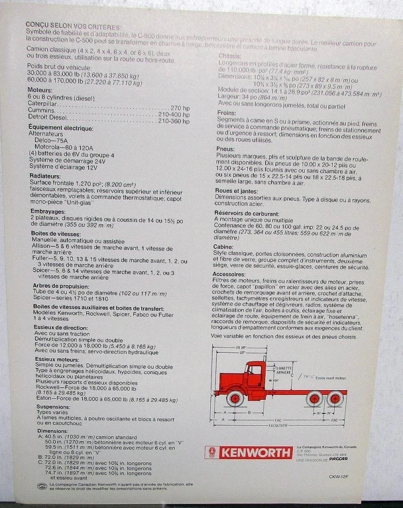 C-500 Sales Data Sheet for Kenworth Truck (1980)