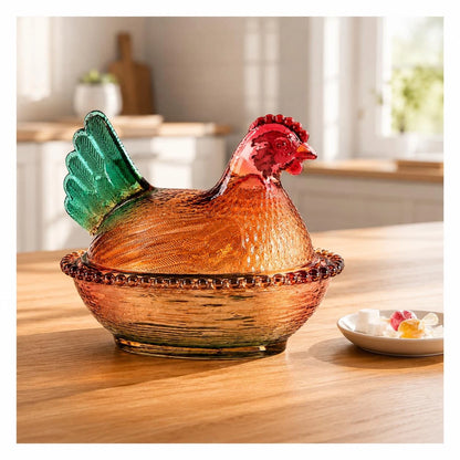 Extra Large Glass Hen on Nest Candy Dish with Lid - Vintage Red