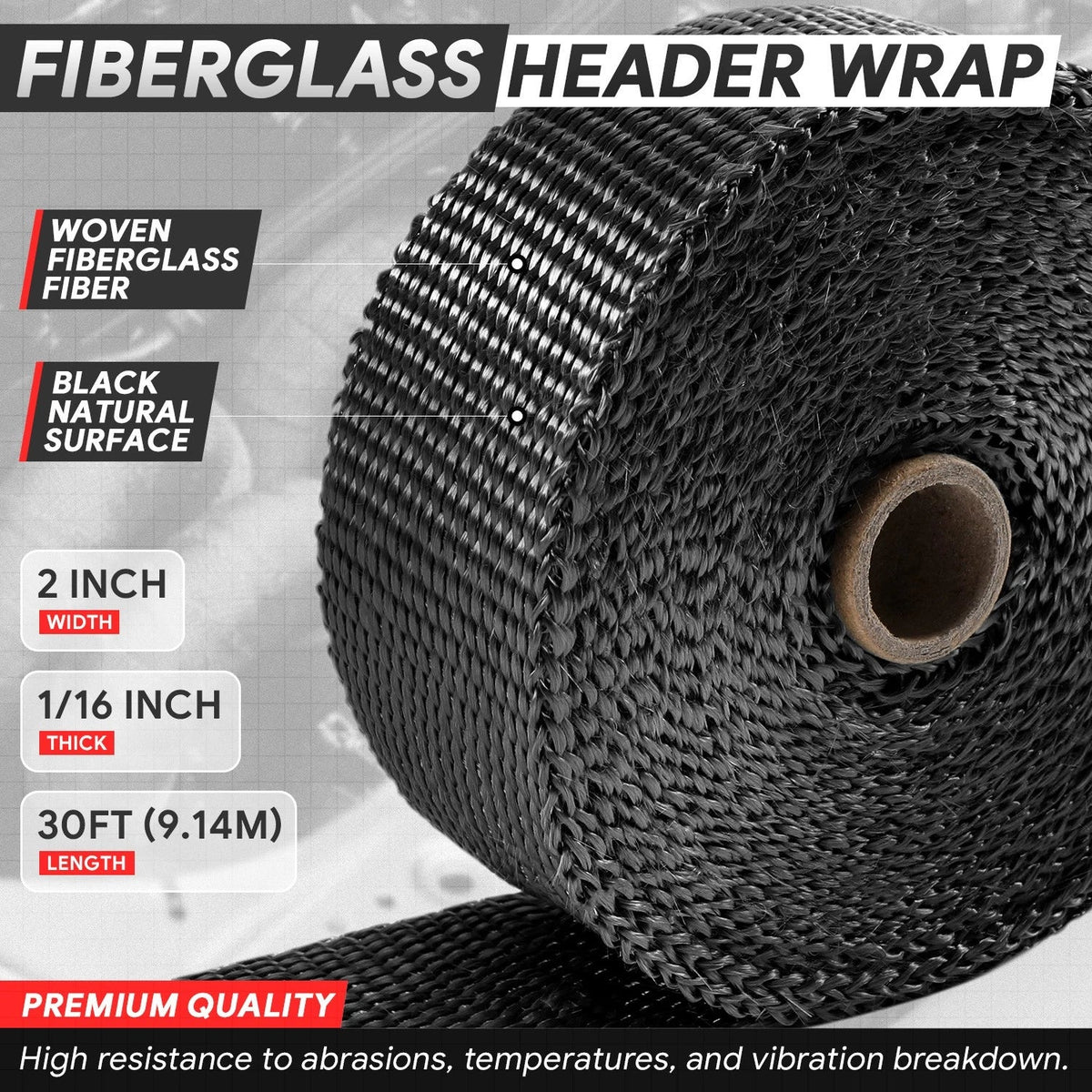 2" Wide Black Fiberglass Exhaust Header Wrap for Universal (30ft)