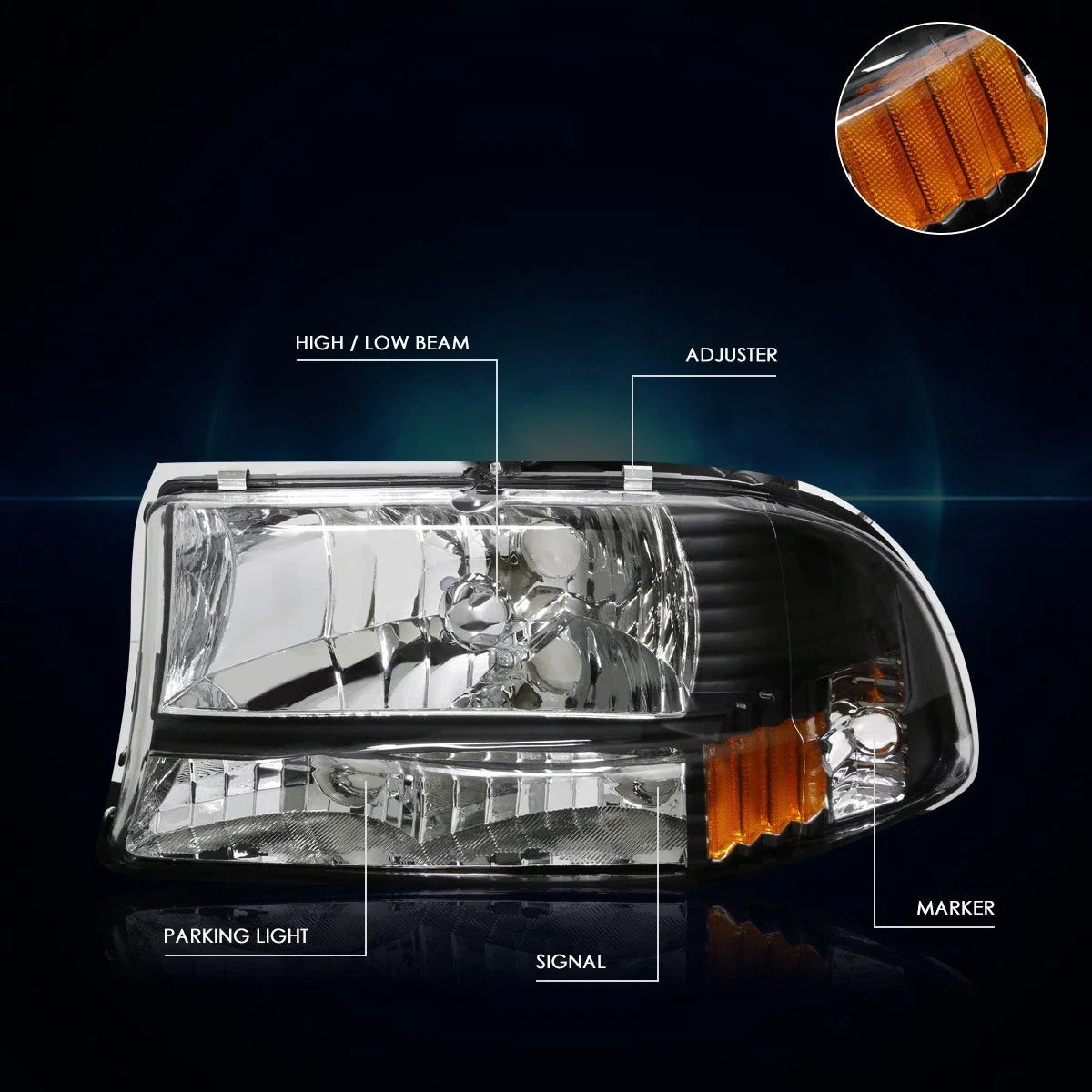 Bumper Headlight/Lamp for Dodge Dakota/Durango (1997–2004) Black Housing Amber Corner