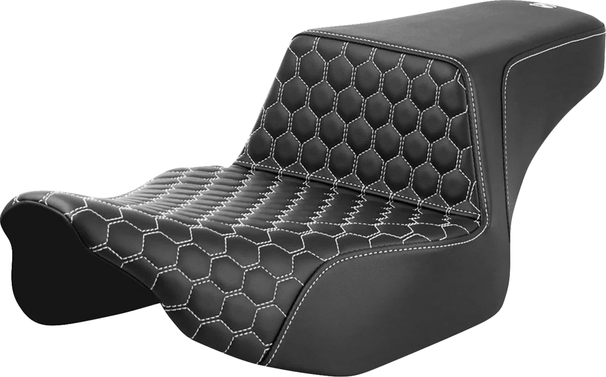 SADDLEMEN Step-Up Seat for Harley FL (Extended Reach, Honeycomb, White Stitch)