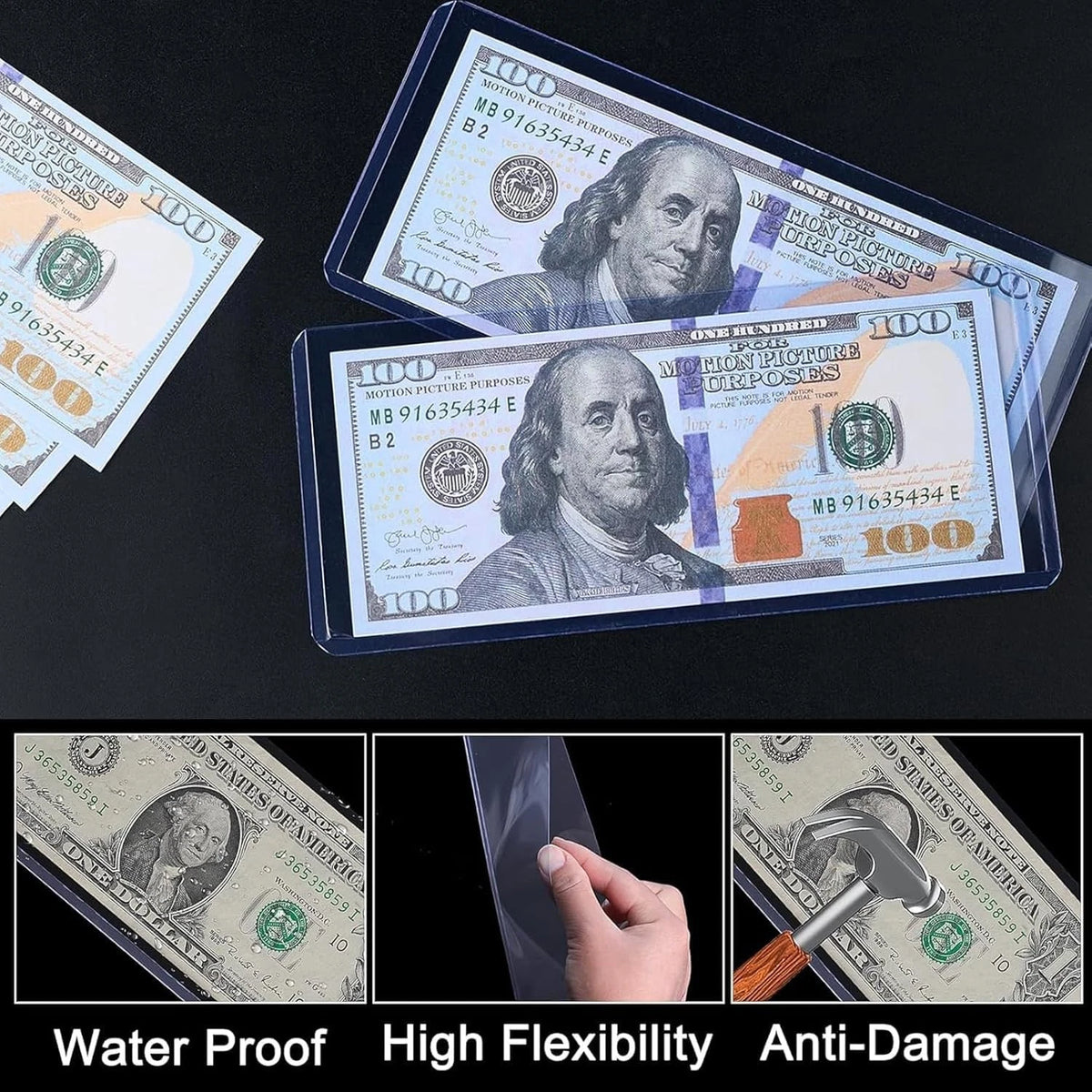 16 Pack Dollar Bill Sleeves for Banknotes (6.8" x 2.9")