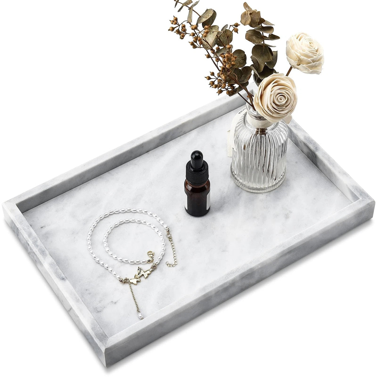 Natural Marble Tray for Bathroom, Vanity, Kitchen, Desktop (Rectangle)
