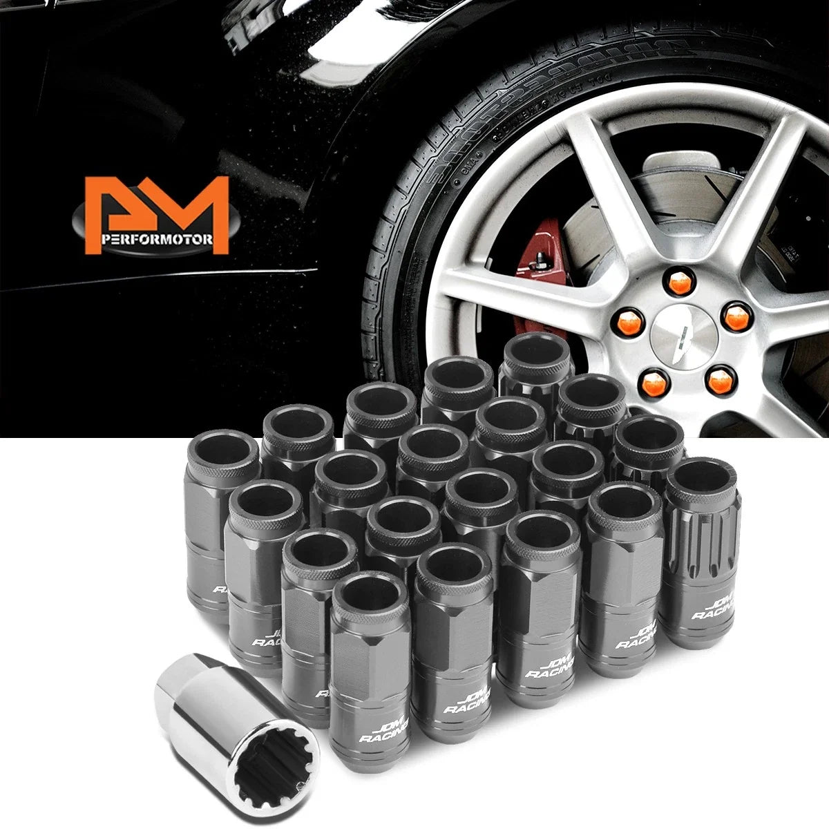 20Pc M12X1.5 Gunmetal JDM Open End Cone Wheel Lug Nut Set with Spline Locks