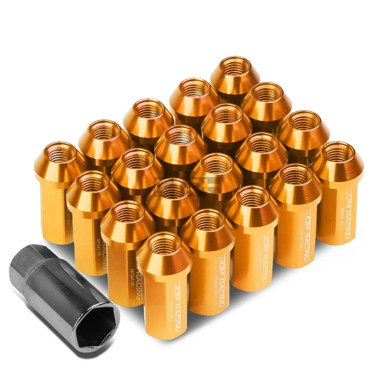 20 PC Closed End M12x1.5 50mm Tall Orange Aluminum Lug Nuts + Adapter