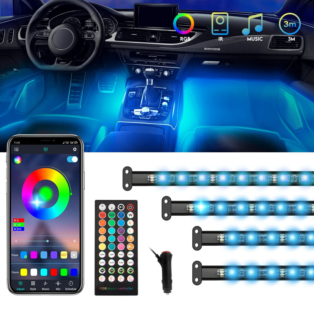 RGB LED Interior Floor Lights for Universal Cars (72-Inch Strip)