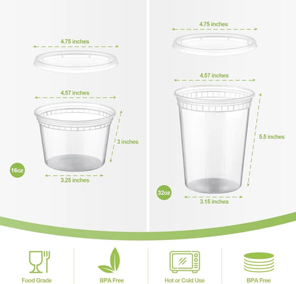 Set of 20 Plastic Deli Food Containers with Lids 16oz, 32oz Variety Pack