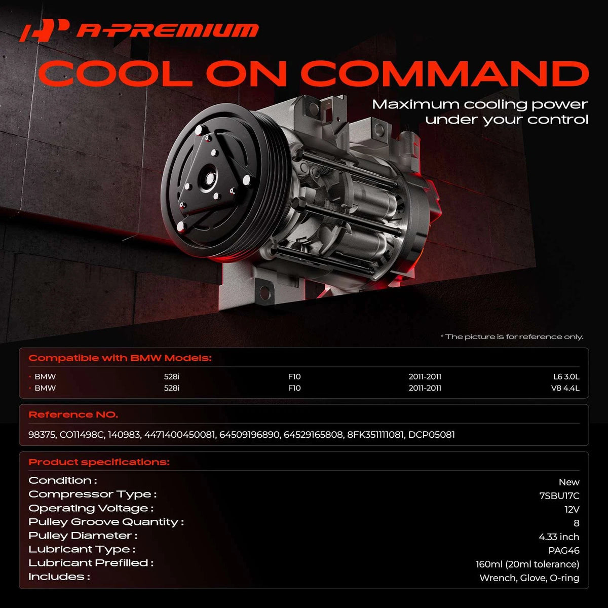 A/C Compressor with Clutch for BMW F10 528i (2011) - 64509196890, 64529165808