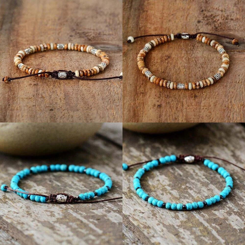 4mm Round Bead Natural Turquoise Picture Jasper Stone Bracelet