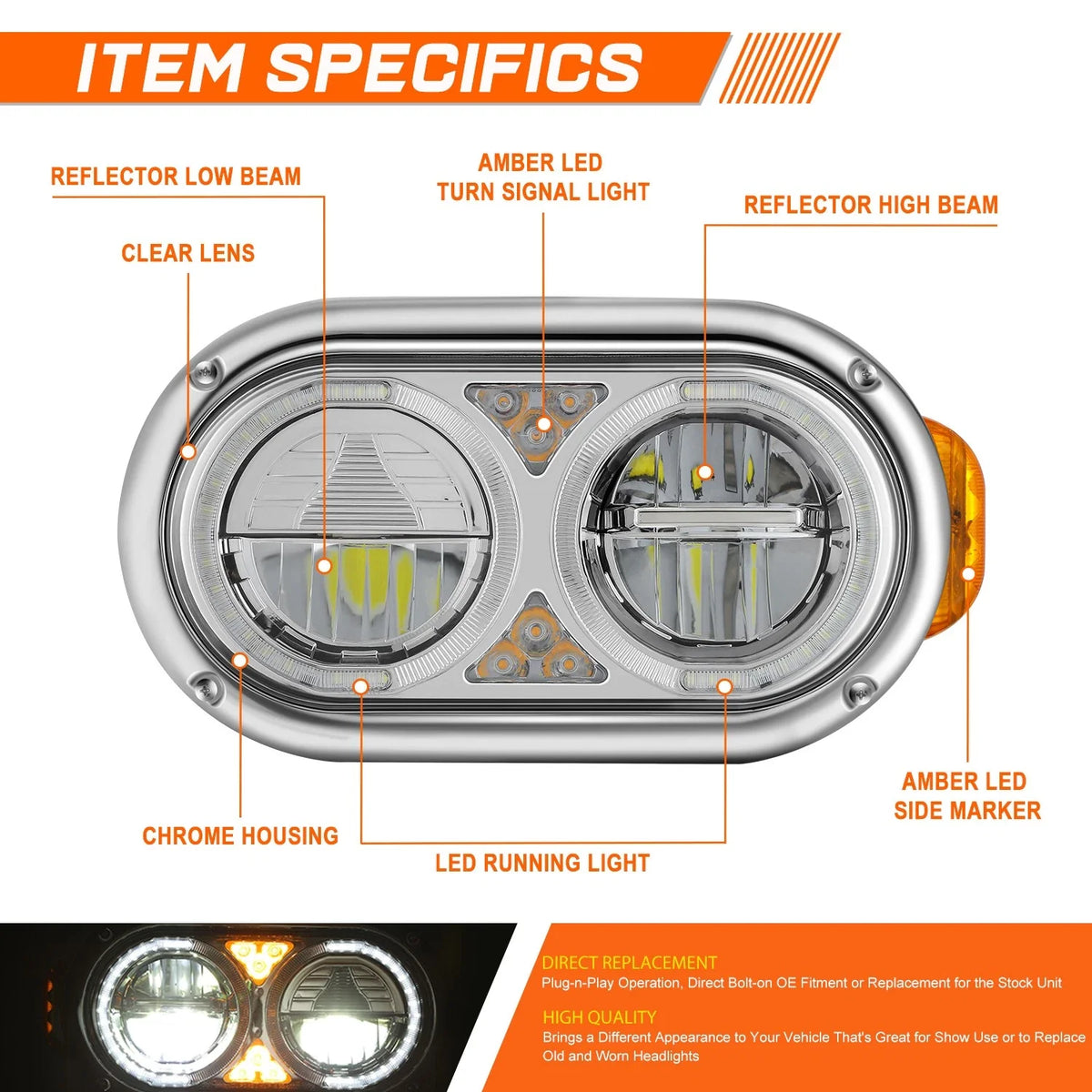 Full LED Turn Signal Headlights for Peterbilt 359 379 389 (1981–2021)