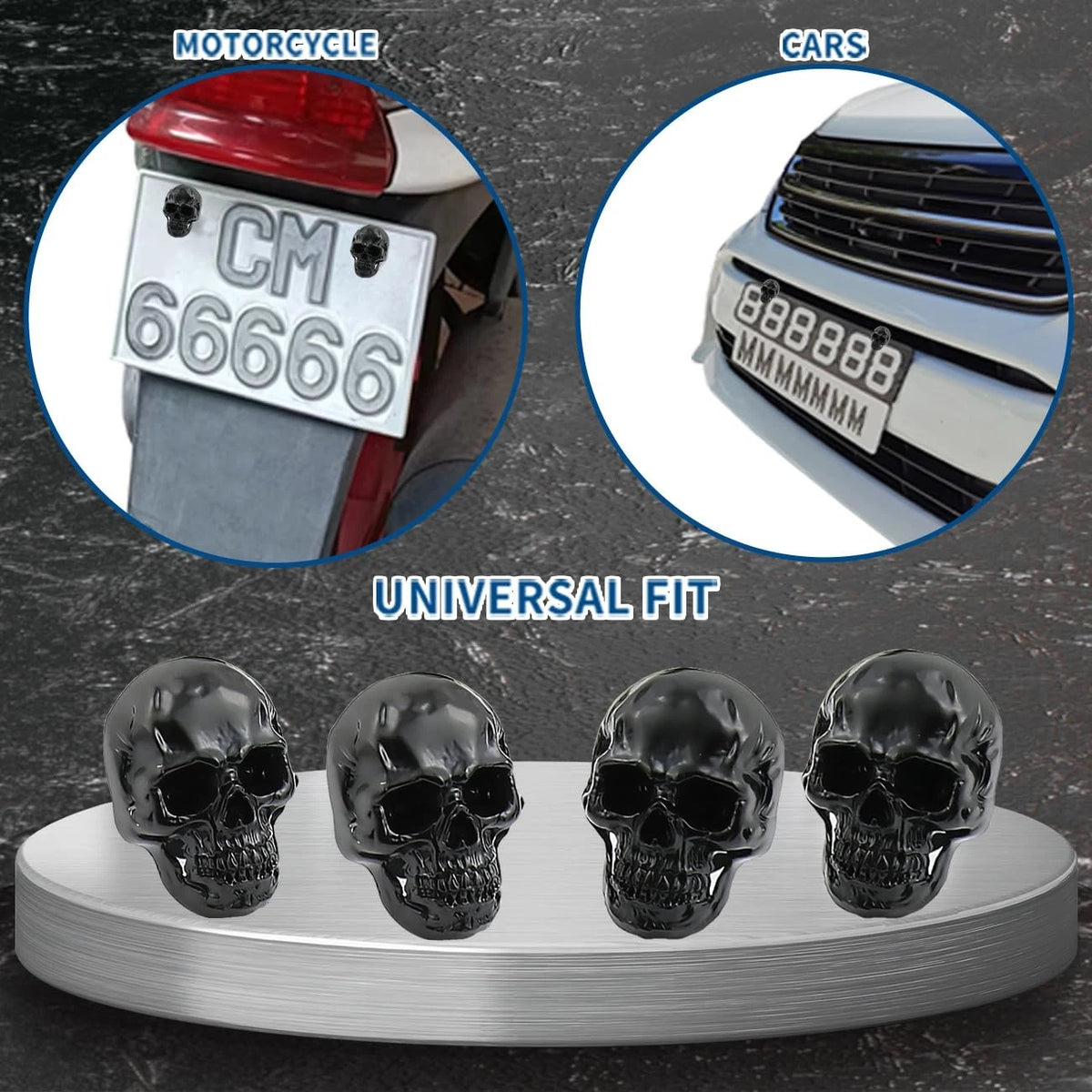 Skull License Plate Screw Fasteners for Universal Fit (Decorative Black)