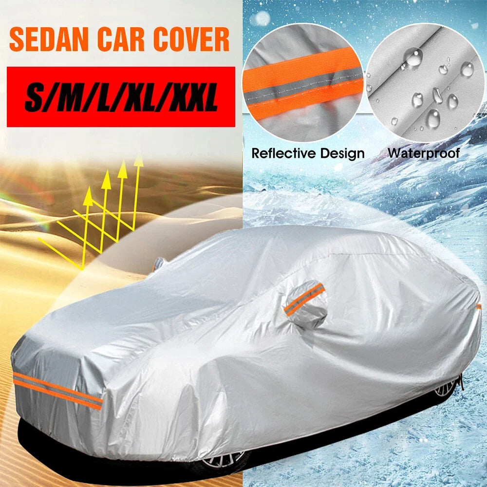 Silver Car Cover for Sedan (All Weather, Reflective Strips)