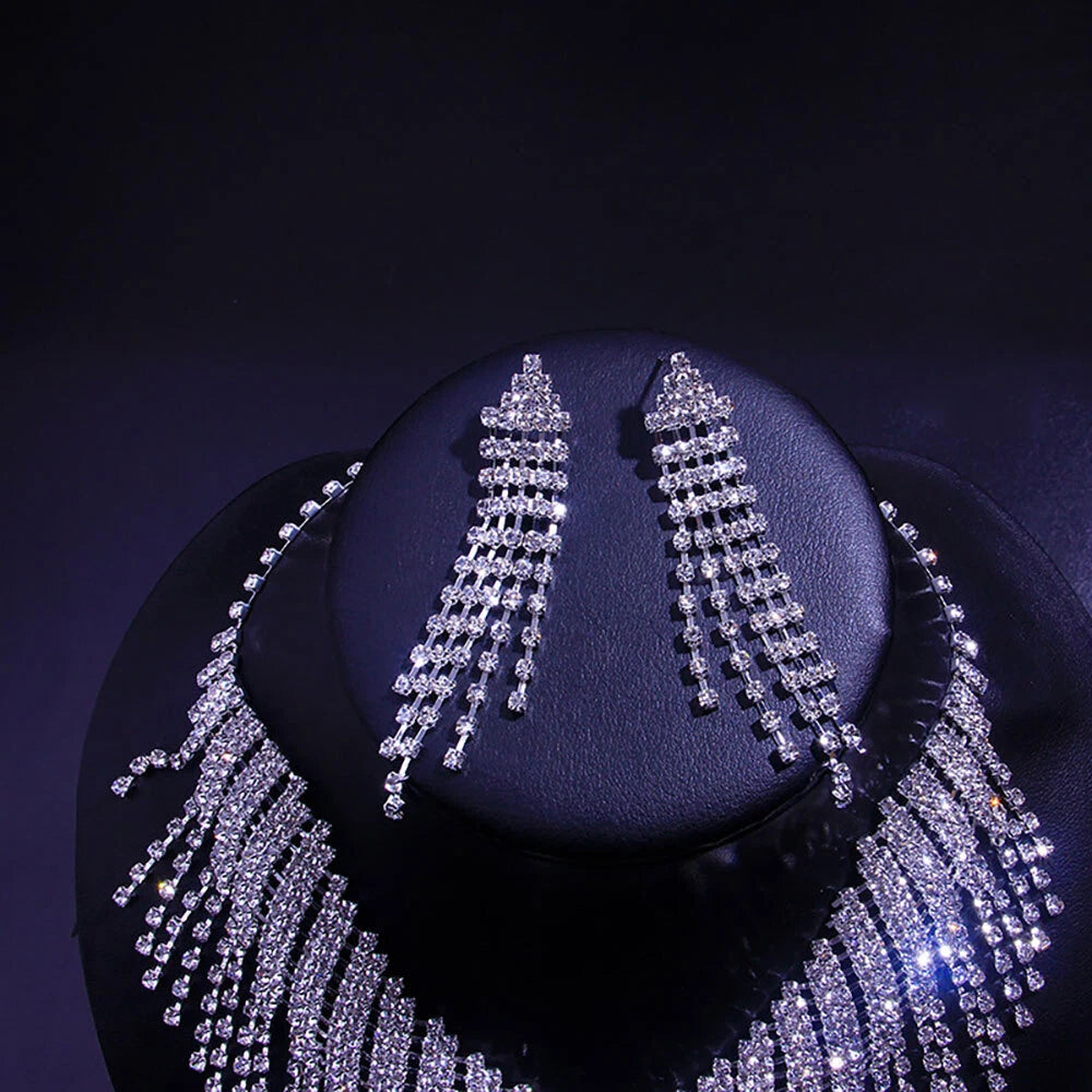 Set of 4 Crystal Choker Rhinestone Necklace Earrings for Bridal Party
