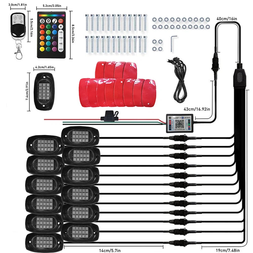 12x RGB LED Rock Light Pods for Universal Vehicles (Music App Control)