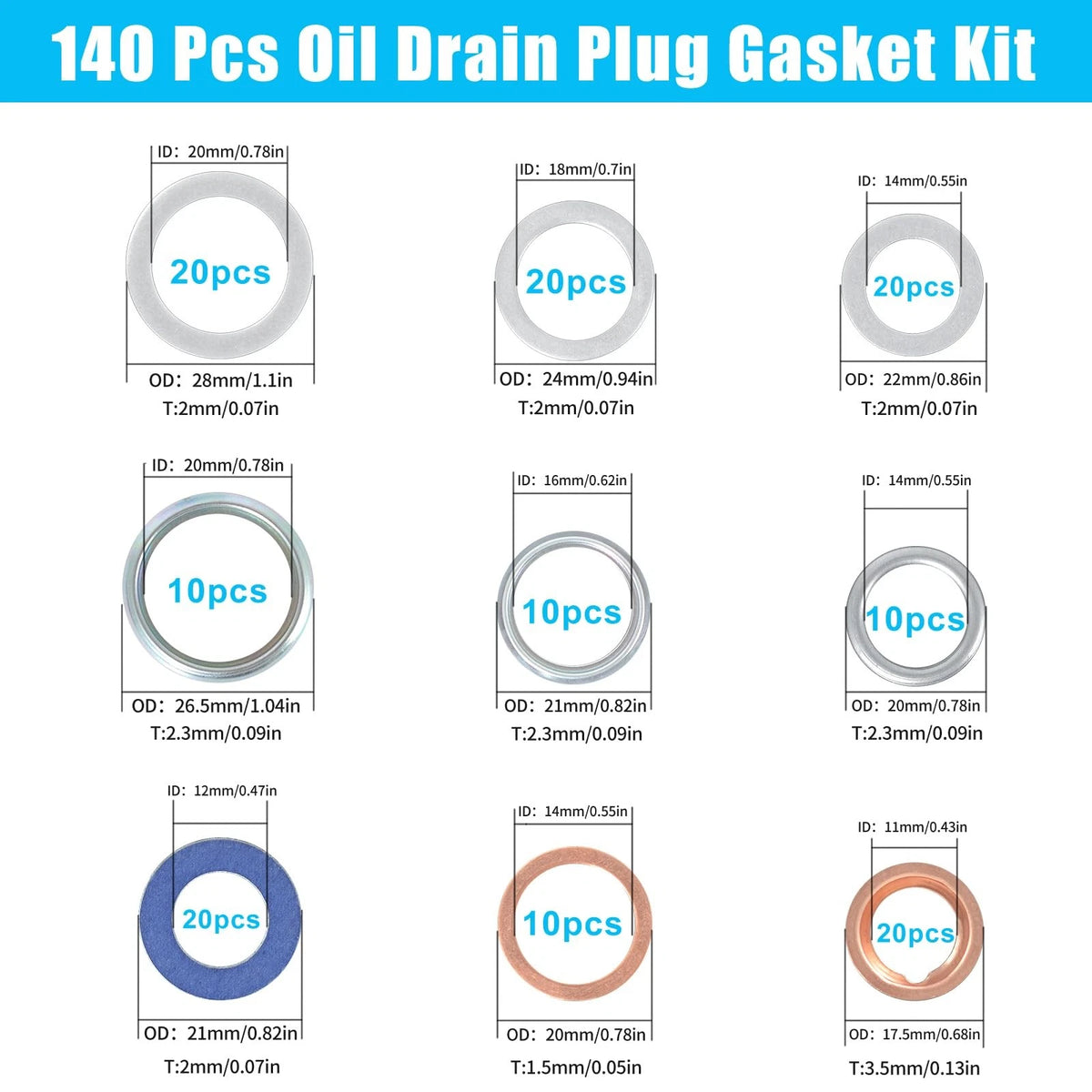 140PCS Oil Drain Plug Gasket Assortment for Various Makes Models (M11-M20)