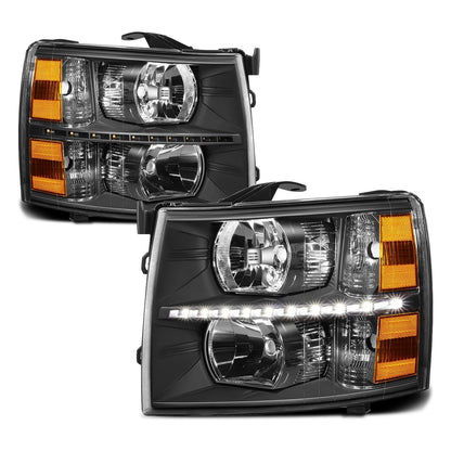 LED DRL Strip Headlight for Chevy Silverado (2007–2014) Black Housing Amber Side