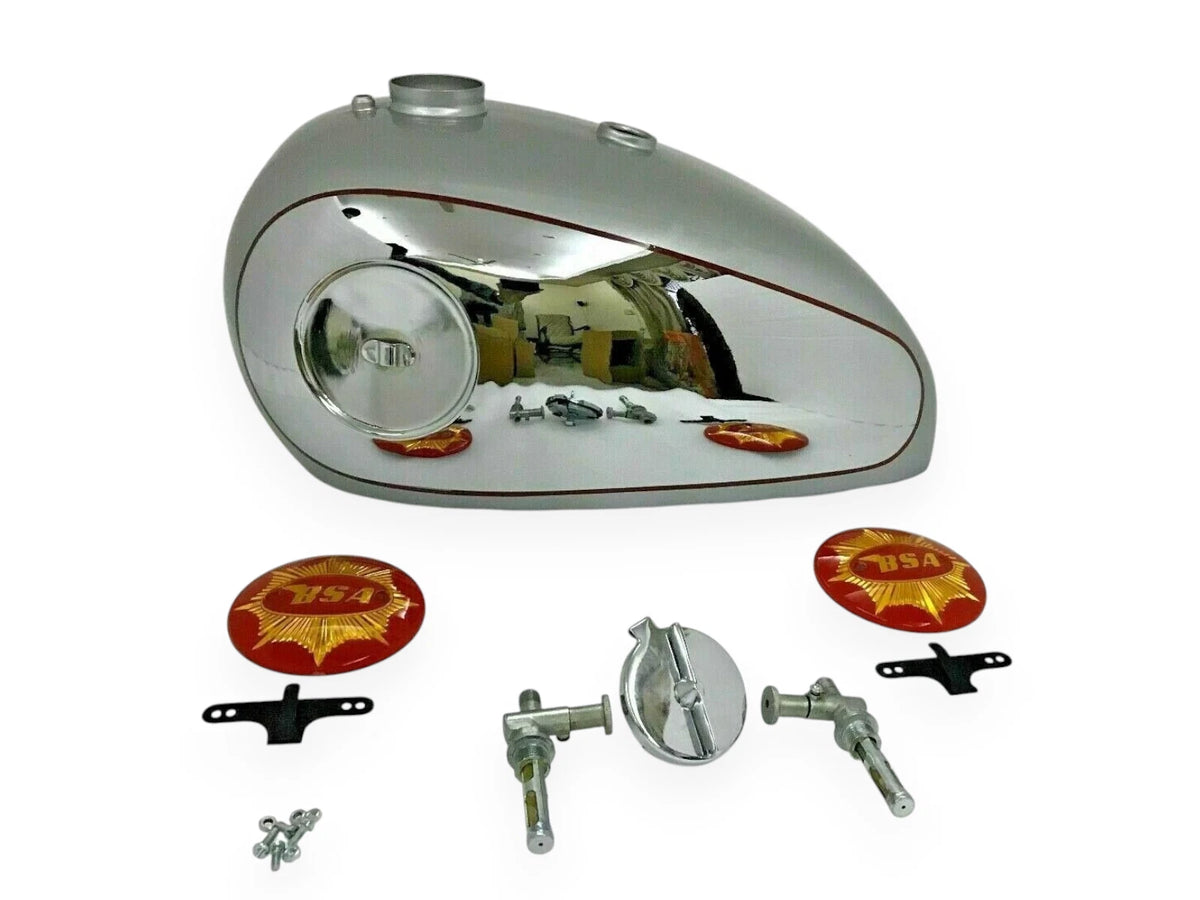 Chrome Fuel Tank for BSA Goldstar (4 Gal) + Cap + Badges + Breather Pipe Tap