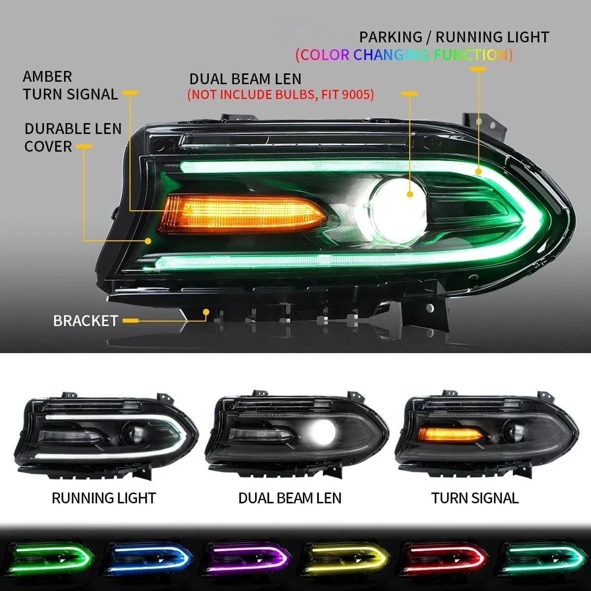LED Projector Headlights for Dodge Charger (2015–2021) L+R RGB Color Change