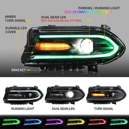 LED Projector Headlights for Dodge Charger (2015–2021) L+R RGB Color Change
