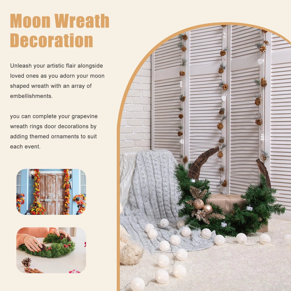 14 Inch Crescent Moon Grapevine Wreath for DIY Decor