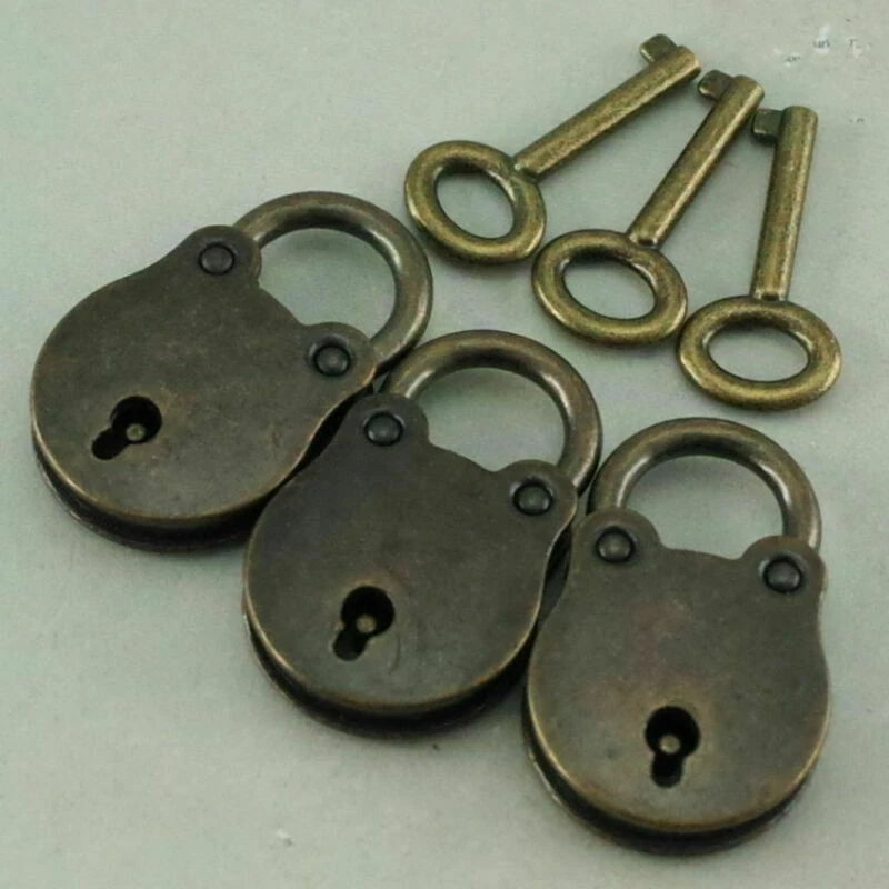 Set of 3 Antique Style Mini Padlocks Key Lock Bronze Retro Jewelry Lock