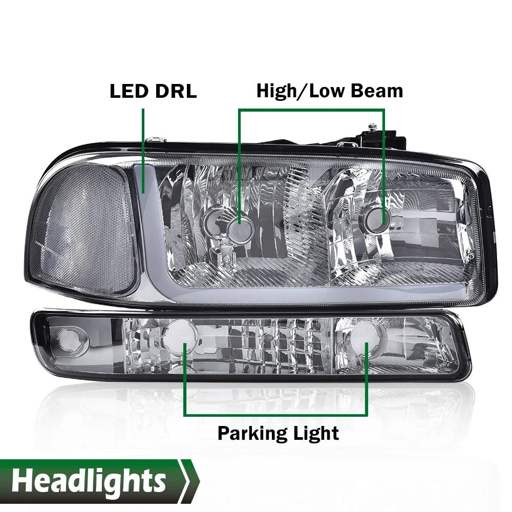 Smoke Chrome LED DRL Headlights and Bumper Lamps for GMC Sierra Yukon (1999–2007)