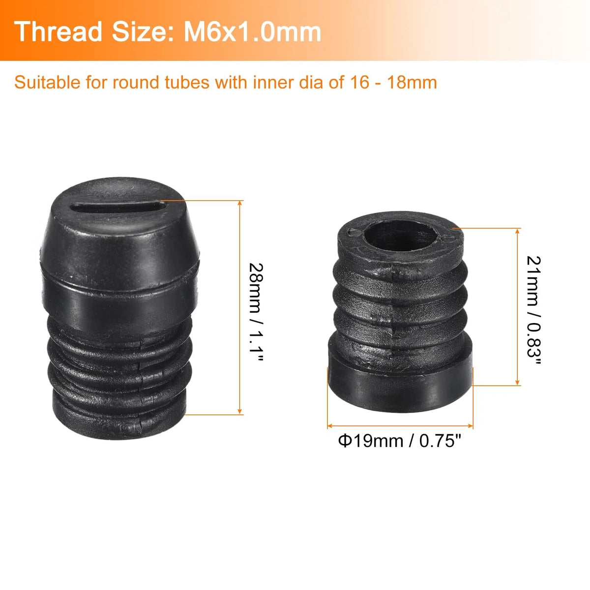 Set of 4 Inserts for Round Tubes with Leveling Feet, 19mm, Black