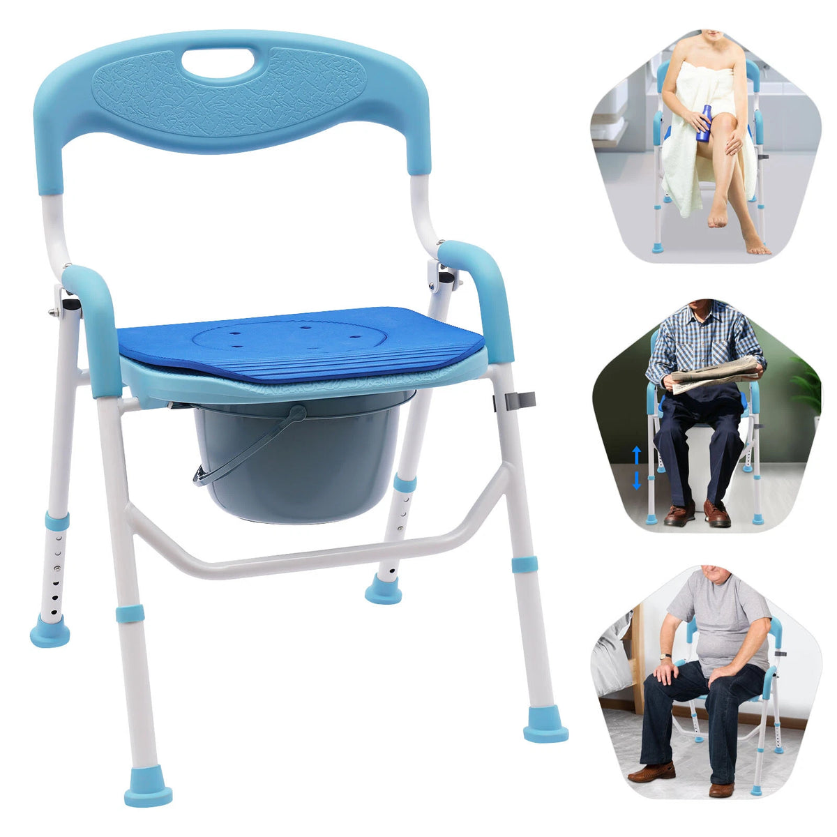 Portable Folding Commode Chair for Large Bedside Use (Adult Potty Shower Seat)