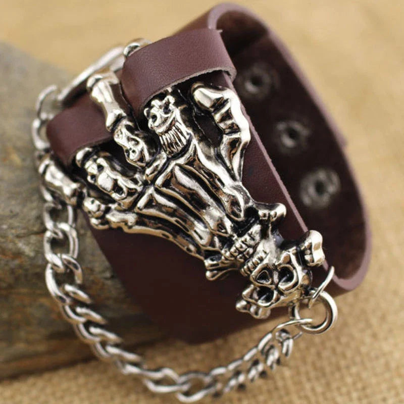 Gothic Skull Hand Link Chain PU Leather Cuff Bracelet for Unisex (2010–2023)