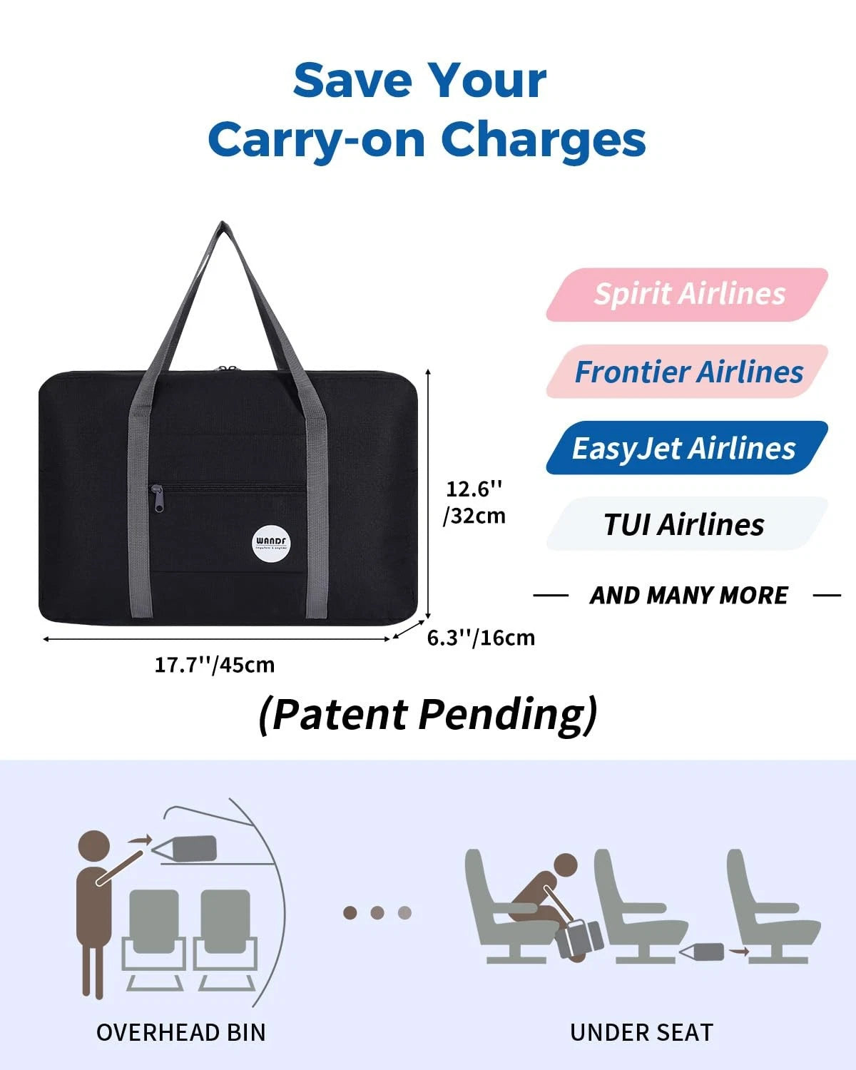 Personal Item Bag for Spirit Airlines (18x14x8) - Travel Duffel A-Black