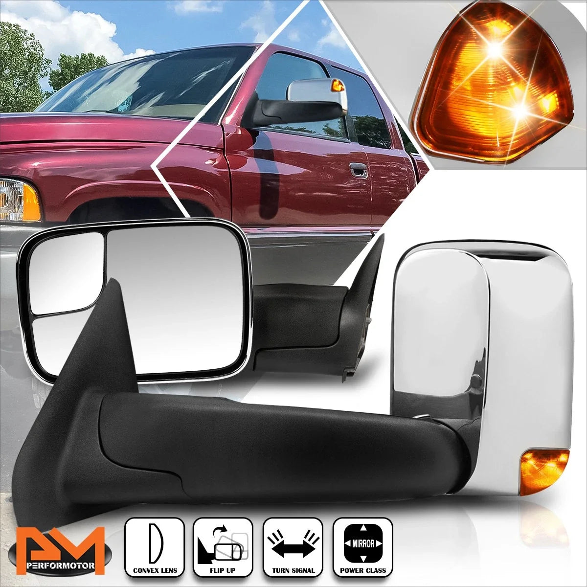 Power Chrome Side Towing Mirror w/LED Signal Lamp for Dodge Ram 1500-3500 (1994–1997)