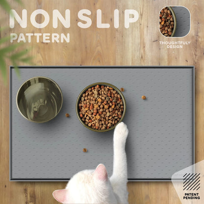 Dog Food Mat for Dogs (18.5"L x 11.5"W) - Gray with Raised Edges