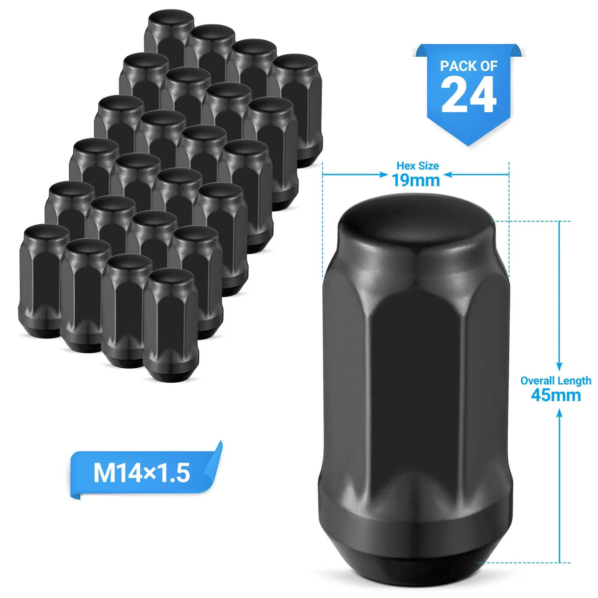 Black Bulge Acorn Lug Nuts Set for M14x1.5 (1.75" Tall, 3/4" Hex) (2014–2024)