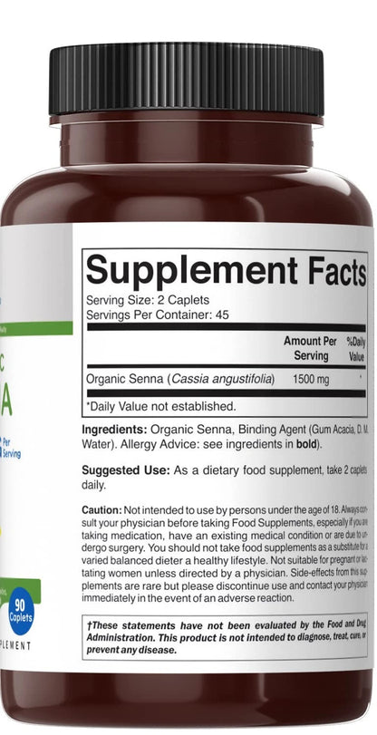 Organic Senna 1500mg for Dietary Supplement (45 Servings, Vegetarian)