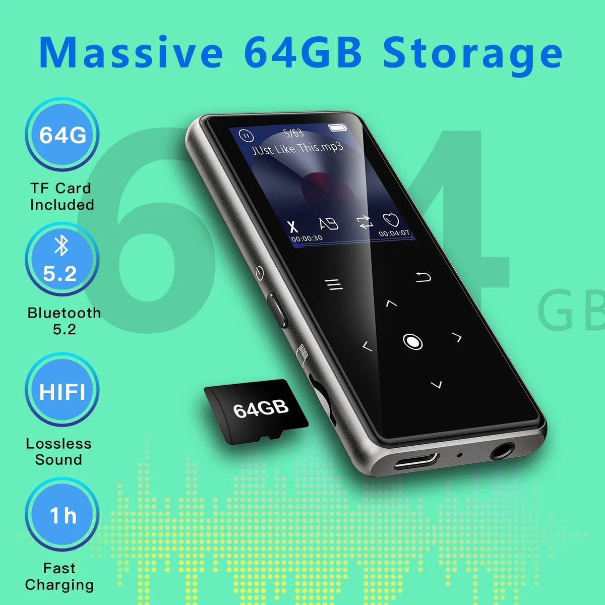 64GB MP3 Player for Bluetooth Music Streaming (No Specific Part Numbers)
