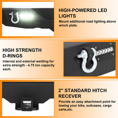 Rear Bumper w/ D Ring 2" Receiver LED for Jeep Wrangler JK (2007–2018)