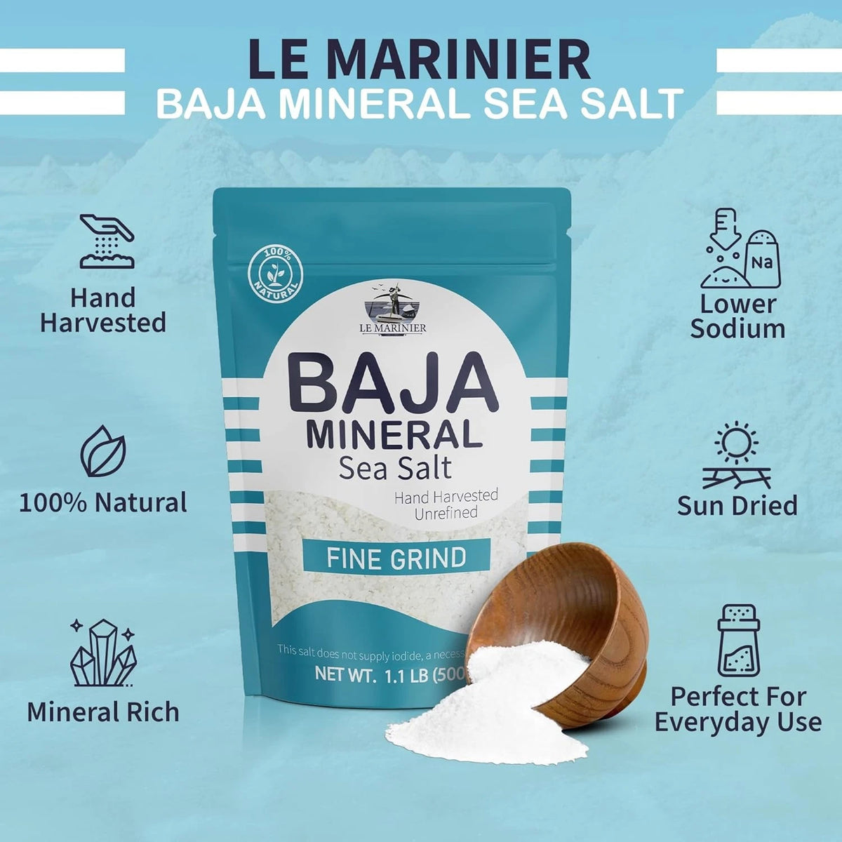 1.1lb Fine Grind Mineral Rich Baja Natural Unrefined Sea Salt