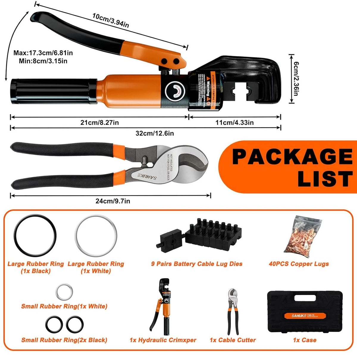 Hydraulic Crimping Tool Kit for Cable Cutter and Terminal (12 AWG to 2/0 AWG)