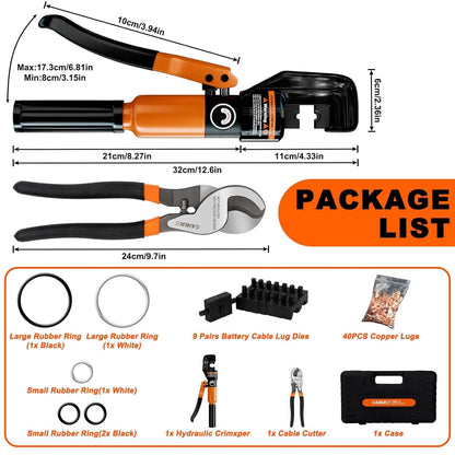 Hydraulic Crimping Tool Kit for Cable Cutter and Terminal (12 AWG to 2/0 AWG)