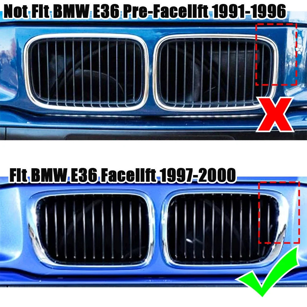 2X Matte Black Front Bumper Kidney Grille for BMW 3-Series E36 (1997–1999)