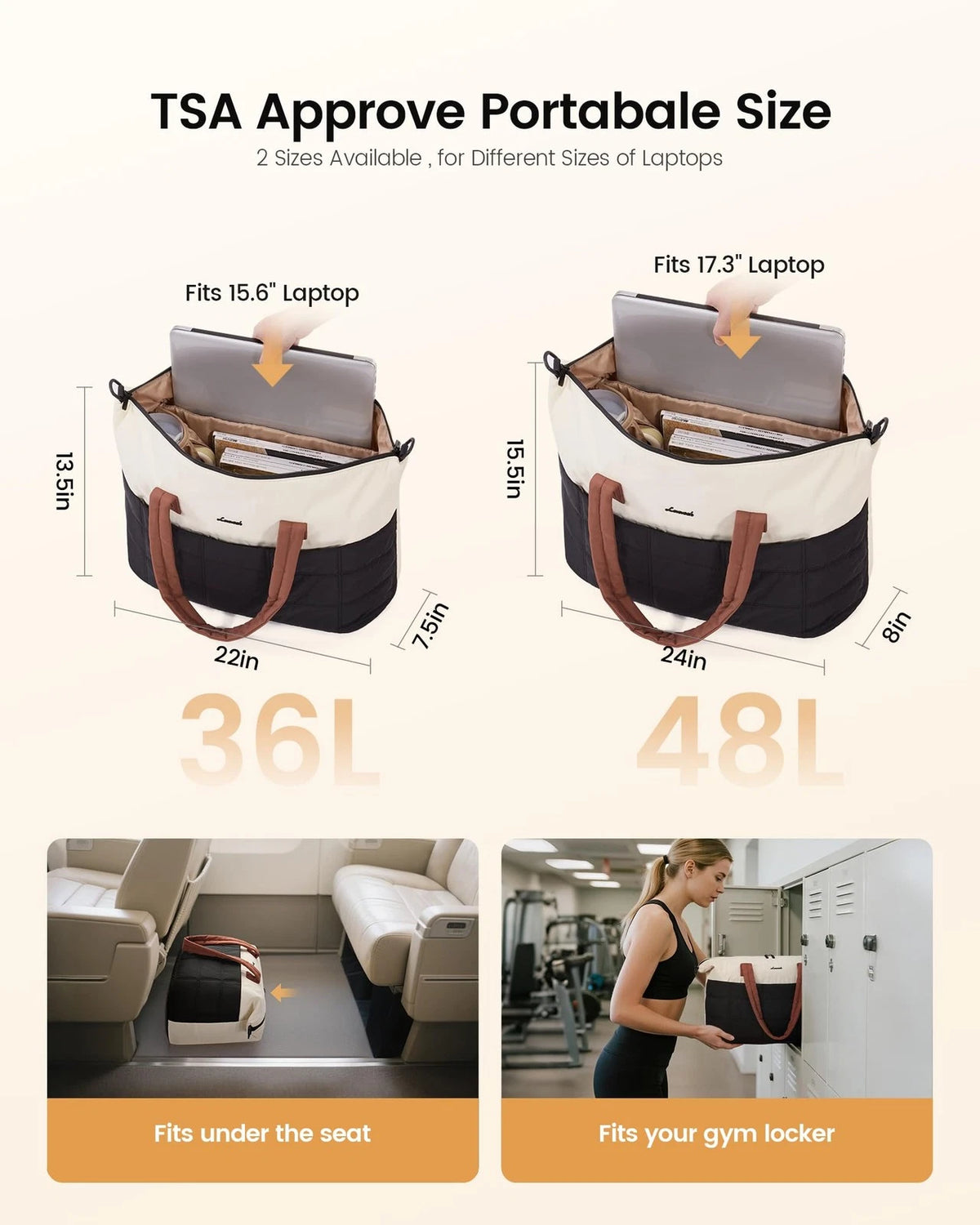 Gym Bag for Women & Men - L-Size, Beige/Black/Brown