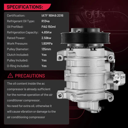 AC Compressor for Honda Accord 2.4L (2008–2012), Crosstour 2.4L (2012–2015)