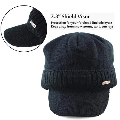 30% Wool Winter Beanie with Visor & Earflaps - Black, One Size