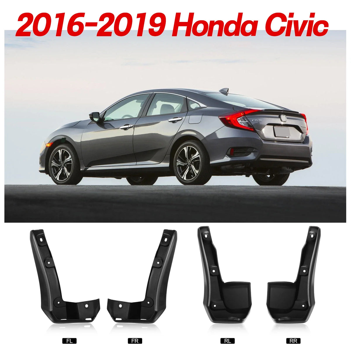 Front & Rear Mud Flaps Splash Guards for 2016–2019 Honda Civic Sedan L4 1.5L (4PC)